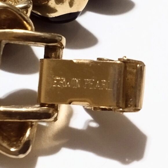 Vintage Erwin Pearl Gold Tone Black Enamel Chunky Link Bracelet - Picture 8 of 8